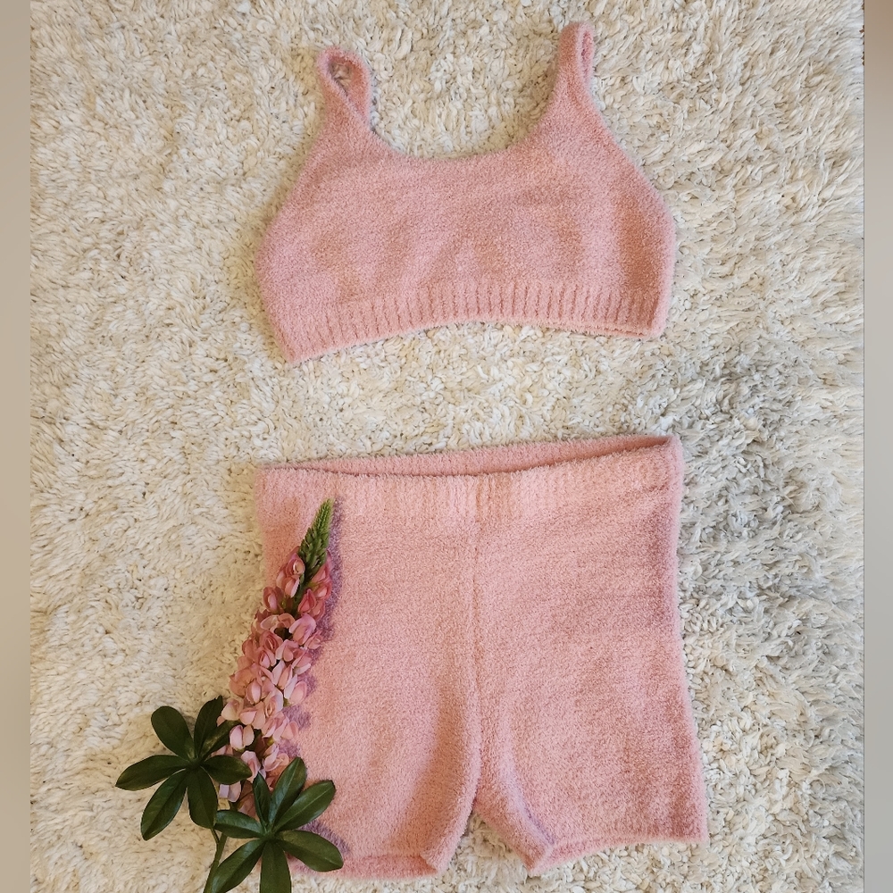 Fuzzy Pink Crop Tank Top and Shorts